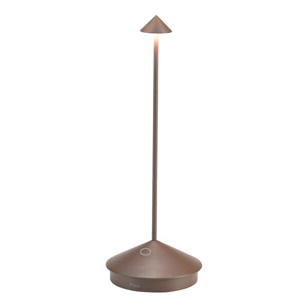 A rust-colored cordless rechargeable table lamp with a slim stem and conical shade.