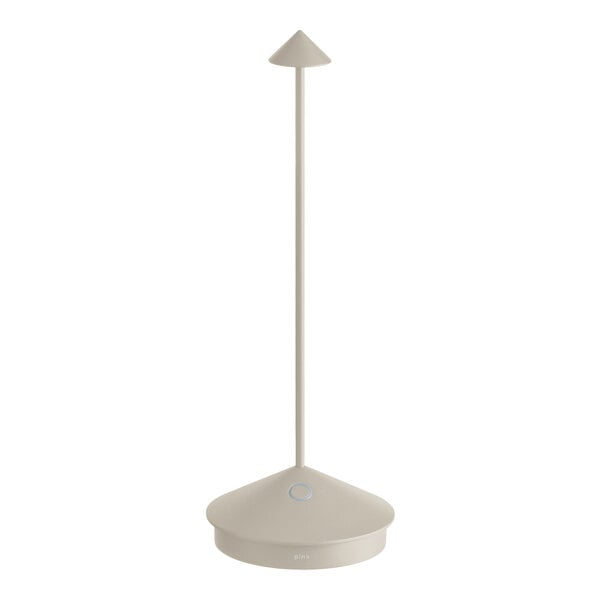 A white table lamp with a long pole and a black and white base.