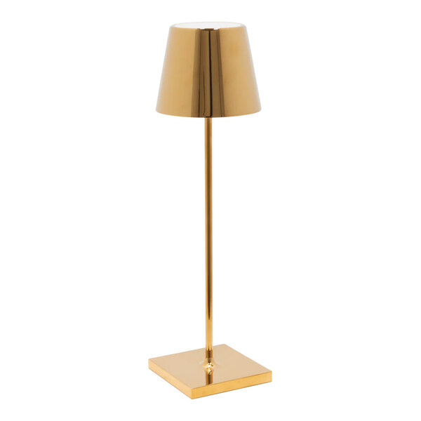 A Zafferano America Poldina Pro glossy gold table lamp with a white shade on a stand.