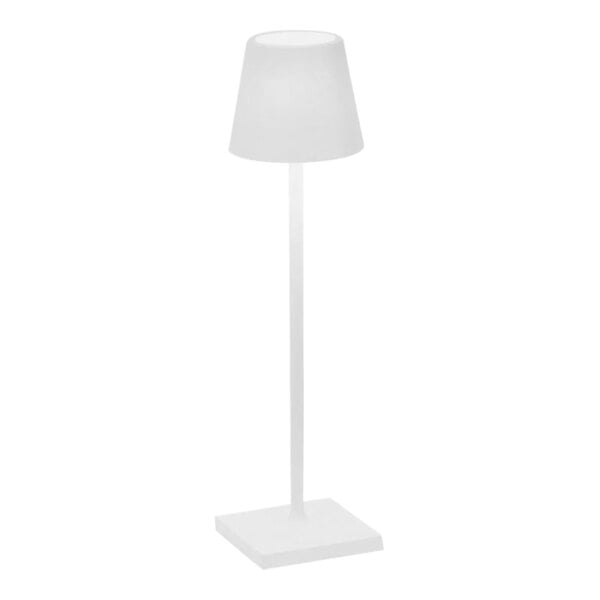 A Zafferano America Poldina Pro white cordless table lamp on a stand with a white shade.