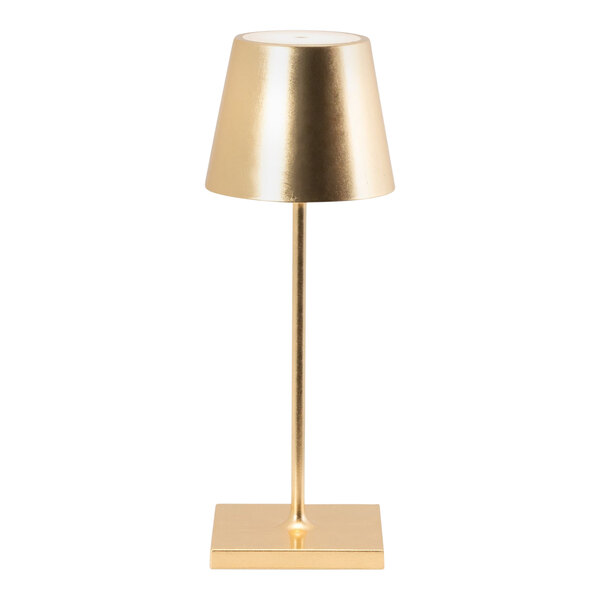 A Zafferano America Poldina Pro Mini gold table lamp on a stand with a white shade.