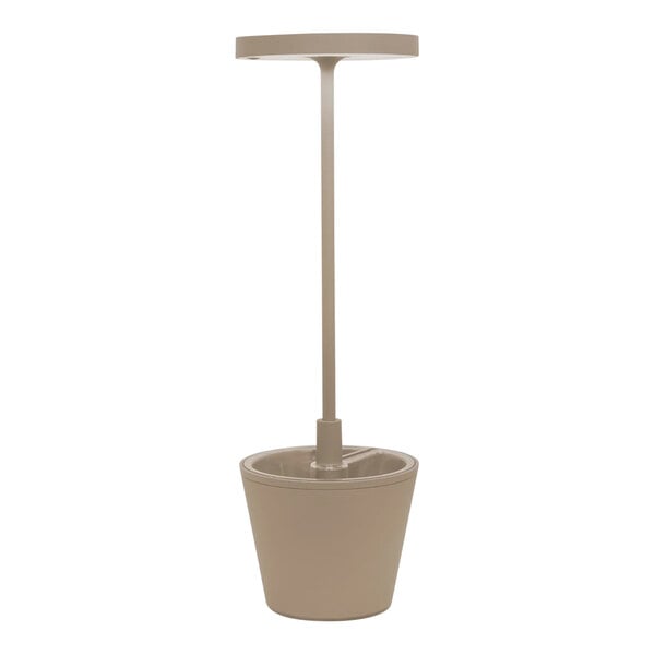 A Zafferano America Poldina Pro table lamp with a beige shade and white base on a long pole.