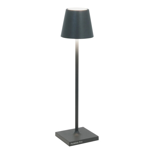 A dark gray Zafferano America Poldina Pro table lamp with a white background