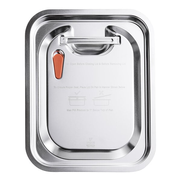 A Vigor stainless steel steam table pan cover with a silicone seal and a handle.