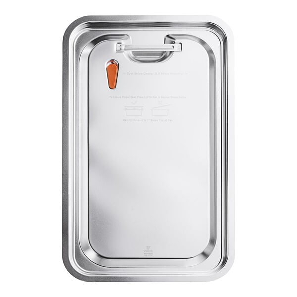 A silver stainless steel tray with a clip-on silicone sealed lid with an orange handle.