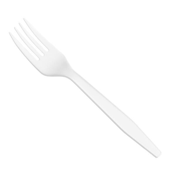 A white heavy weight polypropylene plastic fork.