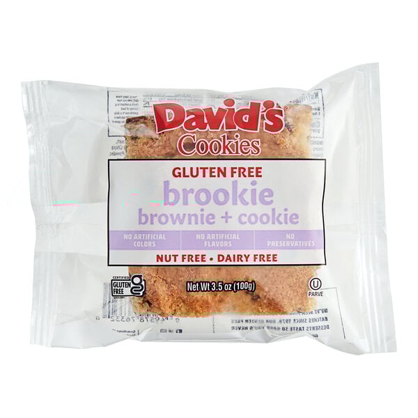 A package of David's Cookies gluten-free brookies with a close-up of the label.
