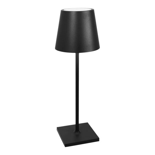 A black Zafferano America Poldina Pro desk lamp on a stand.