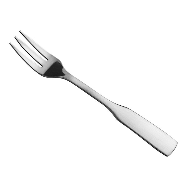 A close-up of a Choice Bellwood stainless steel cocktail/oyster fork with a silver handle.