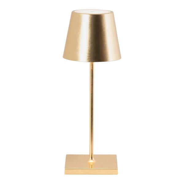 A Zafferano America Poldina Pro Mini glossy gold table lamp on a stand with a white shade.