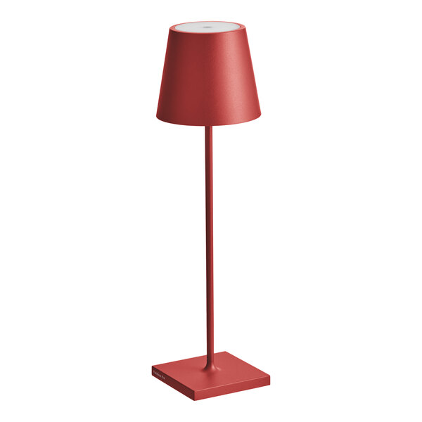A Zafferano America Poldina Pro red table lamp on a white background.