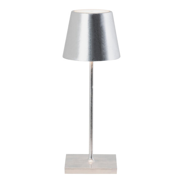 A Zafferano America Poldina Pro Mini silver table lamp with a round white shade on a stand.