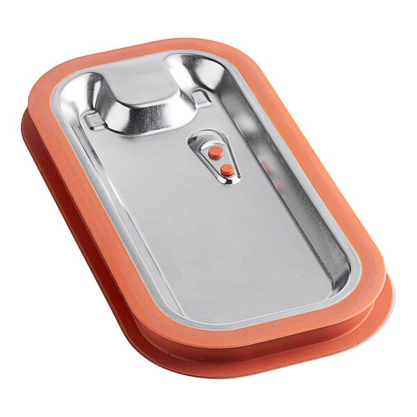 A silver stainless steel rectangular Vigor steam table pan cover with a orange silicone seal.
