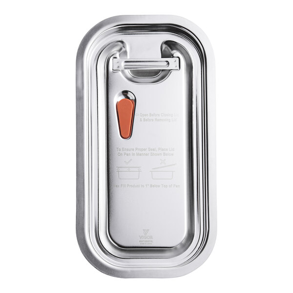 A close-up of a Vigor stainless steel steam table pan cover with a handle and silicone seal.