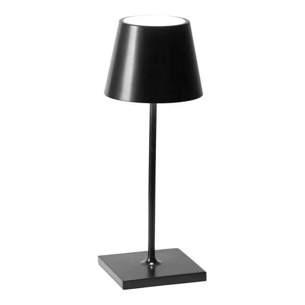 A small black cordless rechargeable table lamp with a square base and conical shade.