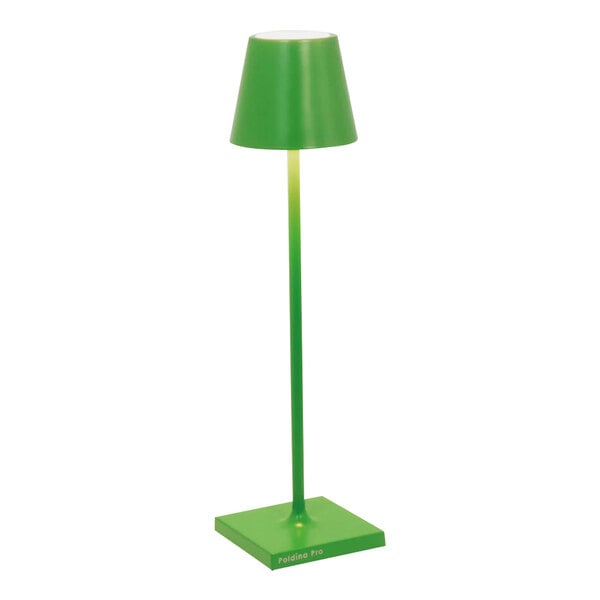 A Zafferano America Poldina Pro Apple Green table lamp with a white center on a stand.