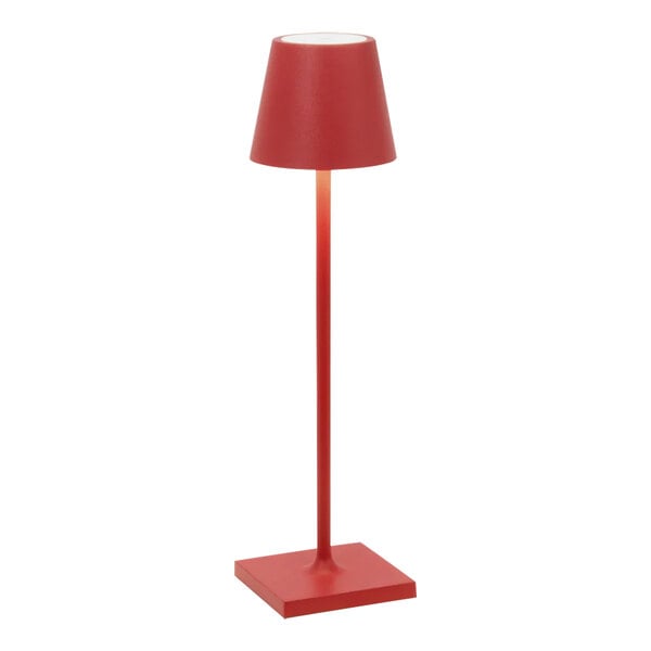 A red Zafferano America Poldina Pro table lamp on a white background.