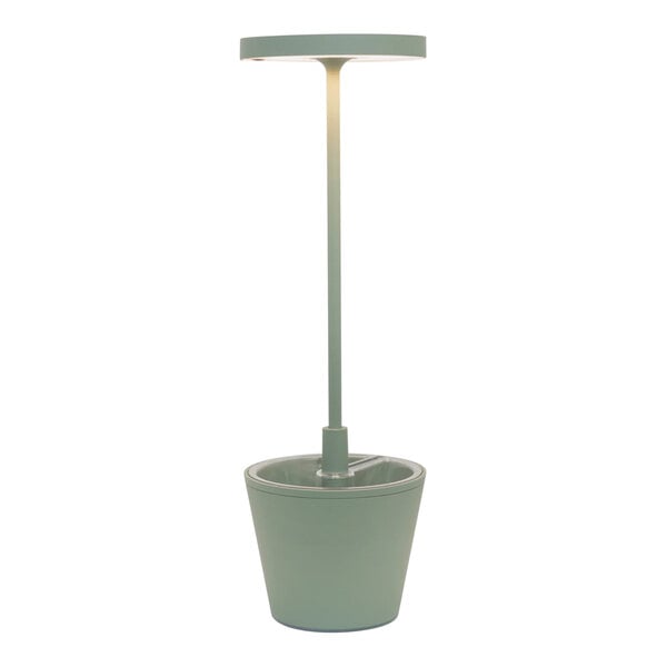 A sage green Zafferano America Poldina Pro table lamp with a light on a long pole.