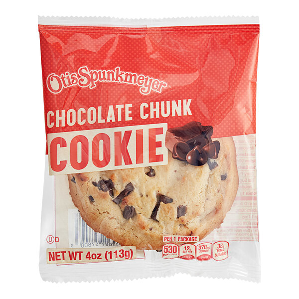 An Otis Spunkmeyer package of individually wrapped chocolate chunk cookies.