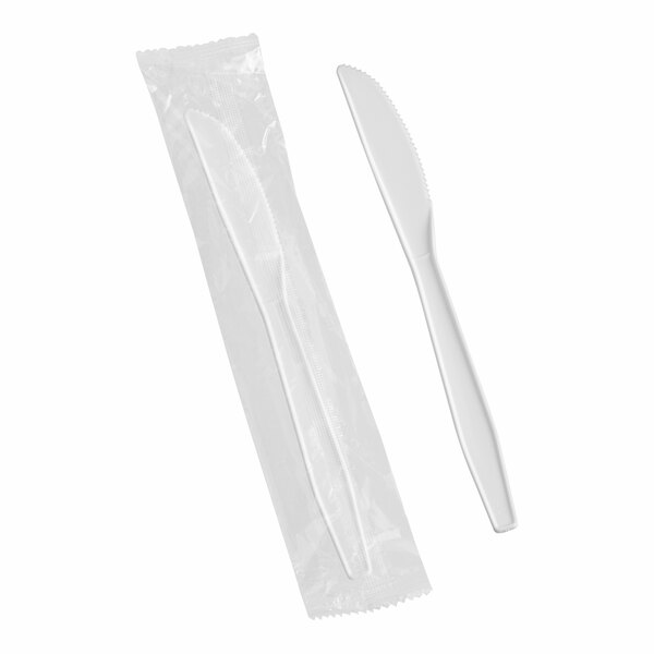 A white plastic knife in a plastic bag.