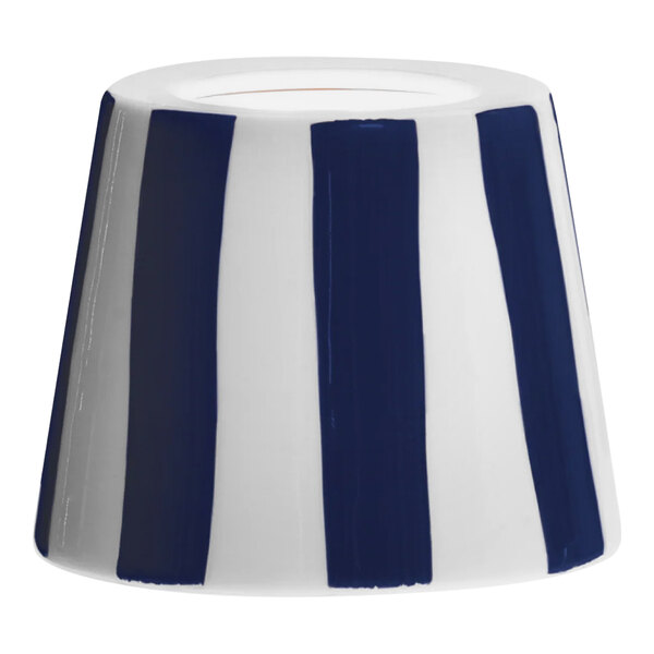 A white and blue striped lampshade with a white background.