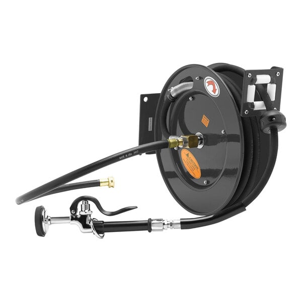 a black hose reel with a hose attached