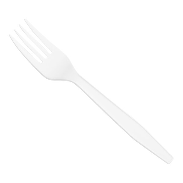 A close-up of a Choice white plastic fork.