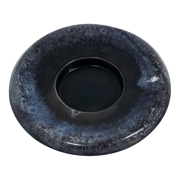 A navy blue ceramic tray with a black and grey circular pattern.