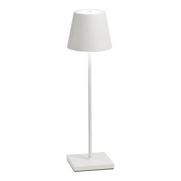 A white cordless rechargeable table lamp with a slim stem and a square base.