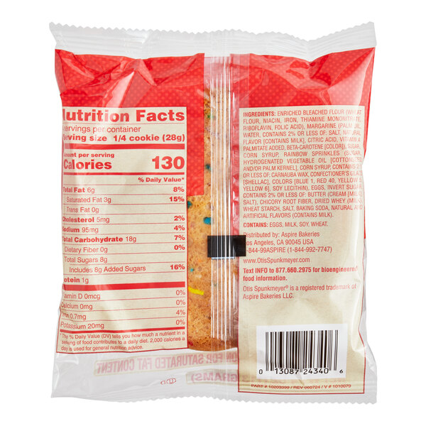 A bag of Otis Spunkmeyer Birthday Cake cookies with a label.