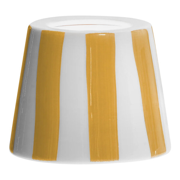 A yellow rectangular lampshade with white and yellow stripes.