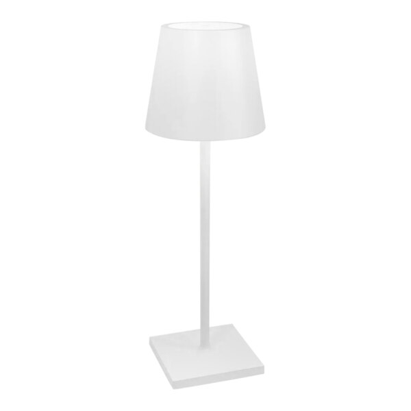 A Zafferano America Poldina Pro white cordless desk lamp with a white square base and pole with a white cylinder shade.