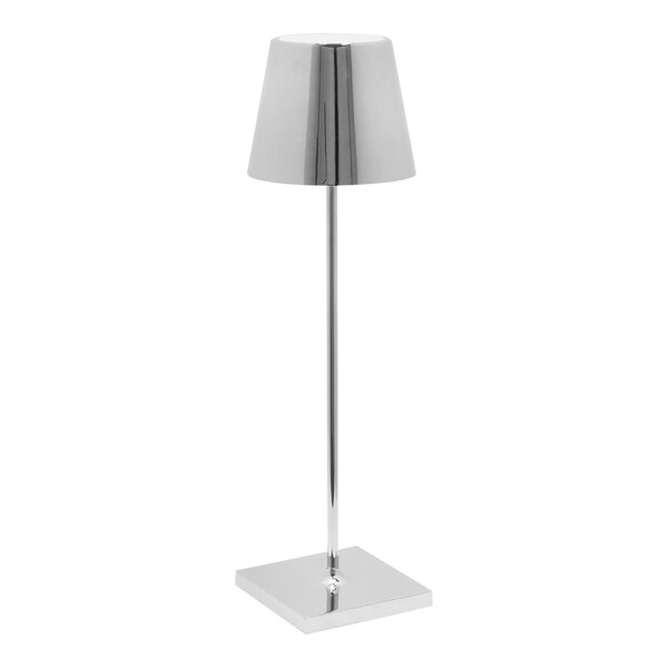 A Zafferano America Poldina Pro table lamp with a silver base and white lamp shade with a silver stripe.