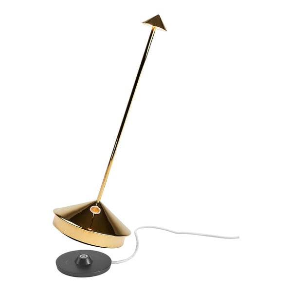 A Zafferano America Pina Pro glossy gold table lamp with a black and gold stand and a white cord.