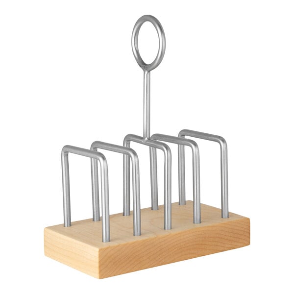 A wooden and metal STAND DISPLAY with four metal rings.