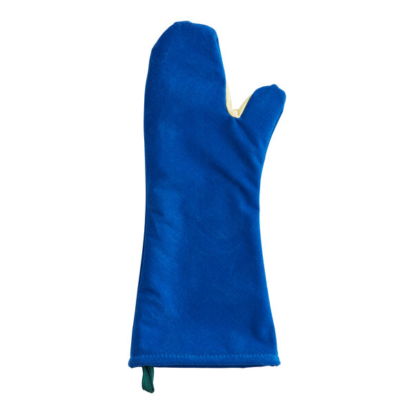 A blue Tucker Safety oven mitt with a sewn-in liner on a white background.