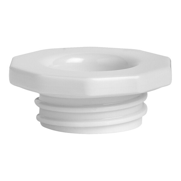 A close-up of a white plastic screw cap for a Roselli Design display stand.