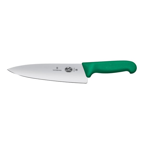 A Victorinox chef knife with a green Fibrox handle.