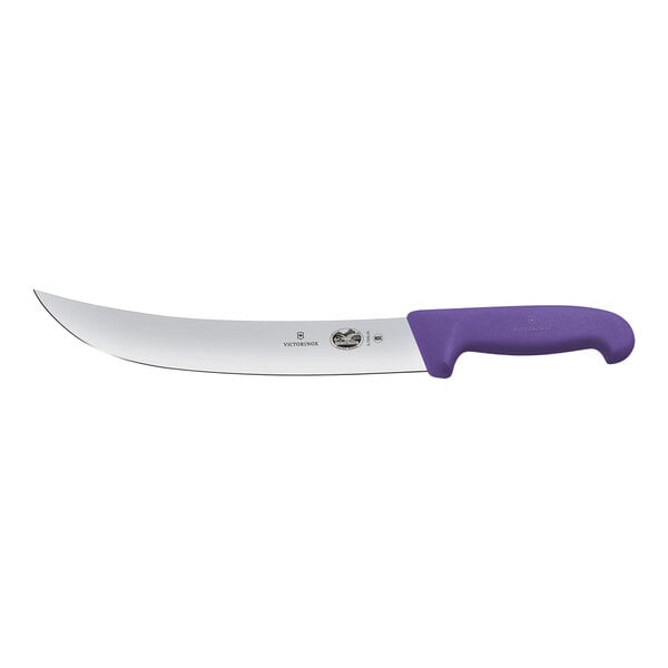 A Victorinox butcher knife with a purple Fibrox handle.