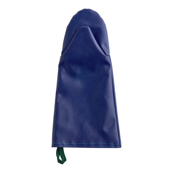 A blue puppet-style oven mitt with a green removable liner.