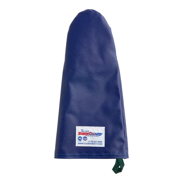 A blue Tucker Safety puppet-style oven mitt with a white label.