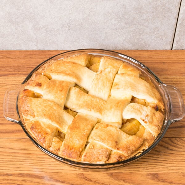 A pie in an Anchor Hocking glass pie pan.