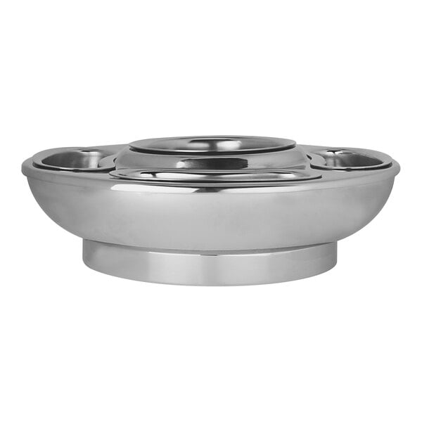 A close-up of a Williamsburg Metalworks stainless steel caviar server with 4 condiment compartments.