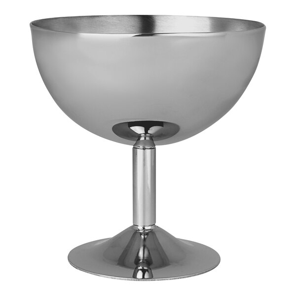 A silver bowl with a metal base.