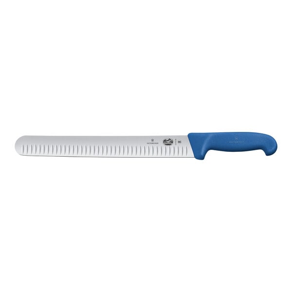 A Victorinox meat slicing knife with a blue Fibrox handle.