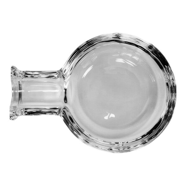 A clear glass bowl with a curved neck and a handle.