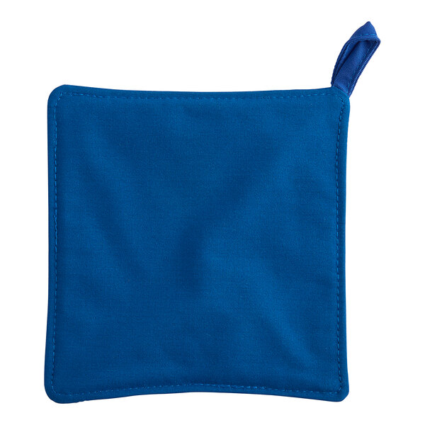 A blue cloth pot holder with a blue cord.