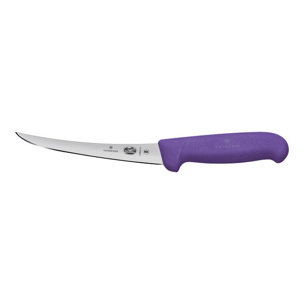 A Victorinox boning knife with a purple Fibrox handle.