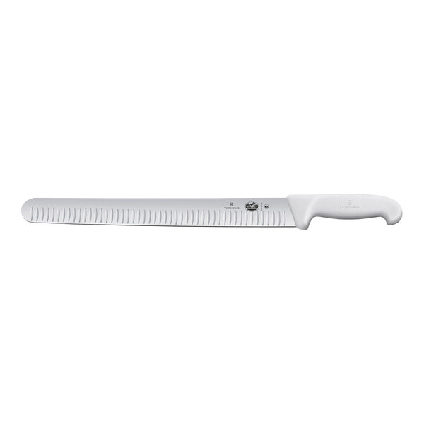 A Victorinox meat slicing knife with a white Fibrox handle.