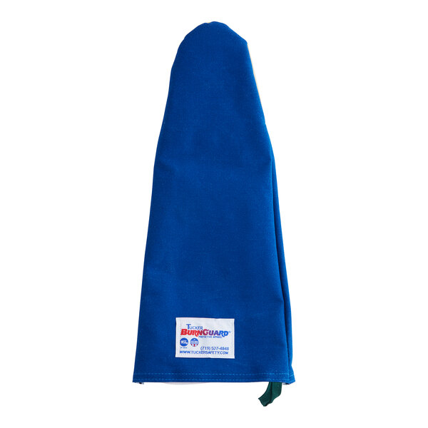 A blue cloth with a white label.